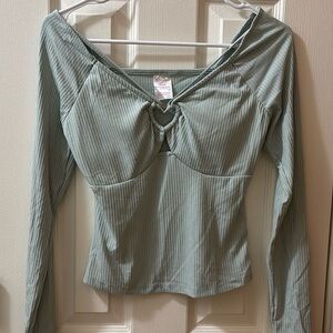 Teal sage heart sweetheart decorative neckline top